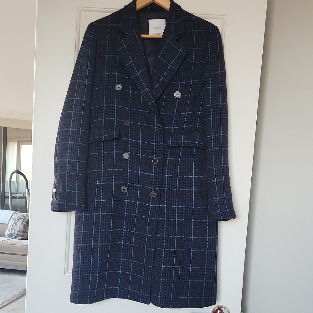 Mango Navy Blue Plaid Coat